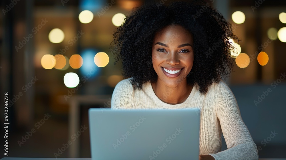 Wall mural A woman with curly hair is sitting at a table with a laptop in front of her