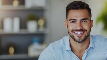 A man with a beard and a smile is smiling in front of a shelf