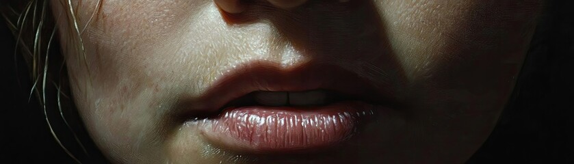 Obraz premium Close-up shot of soft lips with subtle lighting highlighting texture and contours, ideal for beauty and cosmetic themes.