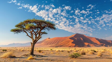 A lone acacia tree stands tall against a backdrop of red sand dunes and a blue sky with fluffy clouds in the Namib Desert.