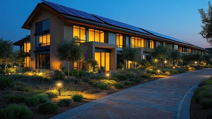 Obraz premium Modern building with solar panels and landscaped pathway at dusk.