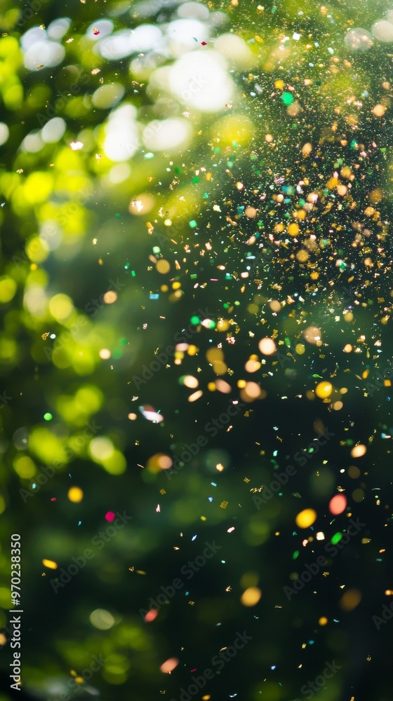 Poster bokeh effect of colorful confetti in sunlight