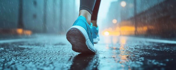 Close-up of a runner's foot splashing in the rain on a wet street, capturing the essence of determination and energy.