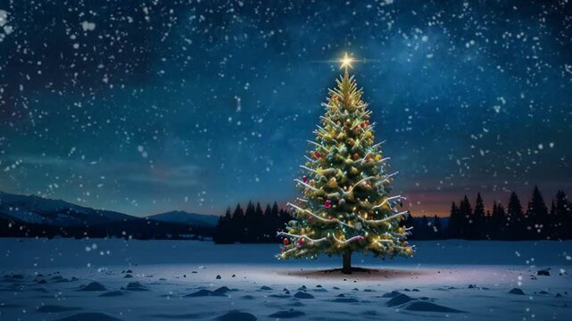 Christmas pine trees on snow during winter with mountains in the background at night. Seamless 4K looping timelapse video animation background