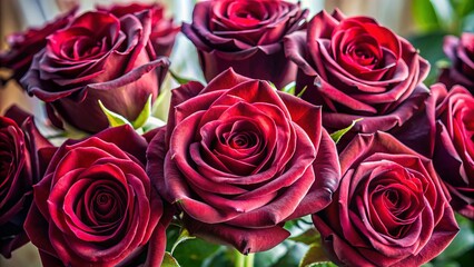Obraz premium A bouquet of rich burgundy roses, their delicate petals softly glowing in natural light, exude warmth and charm,