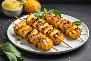 Grilled Pineapple Skewers: Grilled pineapple skewers with caramelized edges arranged on a plain white plate