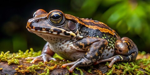Obraz premium A Breviceps macrops male frog features a dark mottled coat and distinctive two large nostrils, exhibiting a unique