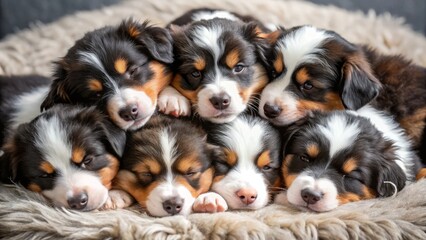 A bundle of fluffy tri-colored English Shepherd puppies snuggle together, their big brown eyes drifting shut as they