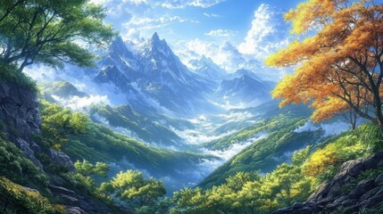 A breathtaking mountain landscape with lush trees and a serene valley, capturing the natural beauty of the scenery.