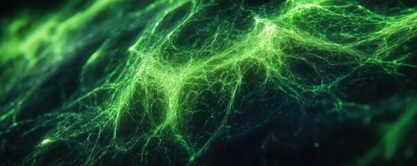 Naklejka premium A stunning close-up of glowing green fibers resembling intricate neural pathways, showcasing technology and organic beauty.