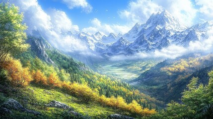 Fototapeta premium Scenic mountain range with vibrant trees and a sprawling valley, illustrating the peaceful beauty of the rugged terrain.