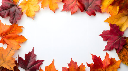 Fototapeta premium 10Framed material on white background surrounded by autumn leaves and berries, Generative AI.
