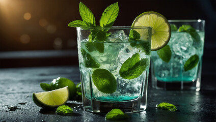 Fototapeta premium Chilled mojito cocktail with lime slices and mint leaves, dramatically backlit to emphasize the condensation on the glass.