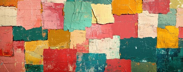Artistic cardboard background with a patchwork of colorful, torn pieces, offering a textured, creative surface perfect for crafts and graphics.