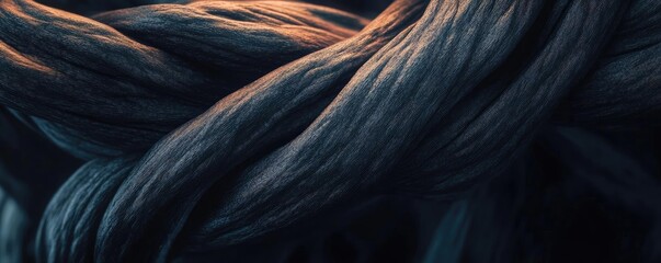 Close-up of textured rope fibers intertwined, showcasing detailed patterns and natural tones illuminated by soft light.