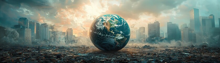 A damaged Earth globe set against a backdrop of urban devastation, representing the dire need for ecological awareness and environmental healing.