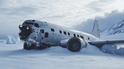 Abandoned airplane wreck in snowy arctic landscape
