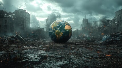 The Earth globe surrounded by a bleak, devastated urban environment, emphasizing the urgency of addressing environmental damage and promoting recovery.