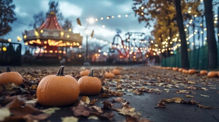 Abandoned amusement park decorated for Halloween eerie lights on the rides