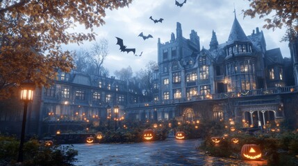 Fototapeta premium Abandoned castle decorated for a Halloween event glowing jack-o-lanterns lighting the courtyard