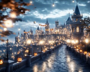 Obraz premium Cursed medieval fortress illuminated by Halloween lights spooky banners flying in the wind