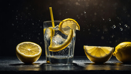 Refreshing glass of lemonade with ice cubes and lemon slices, under dramatic lighting that enhances the sparkling water and condensation.