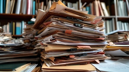 A cluttered stack of documents piled haphazardly in a busy office setting, showcasing a chaotic workspace.