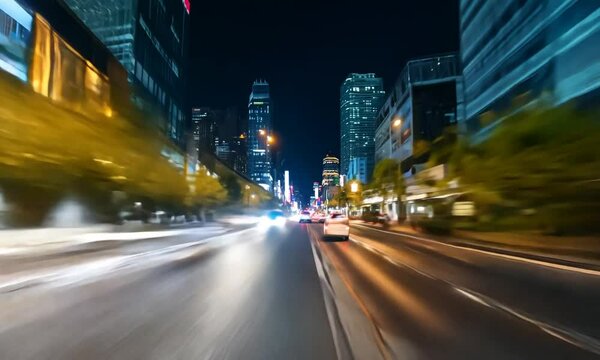Hyperlapse of Bustling City Nightscape with Neon Lights