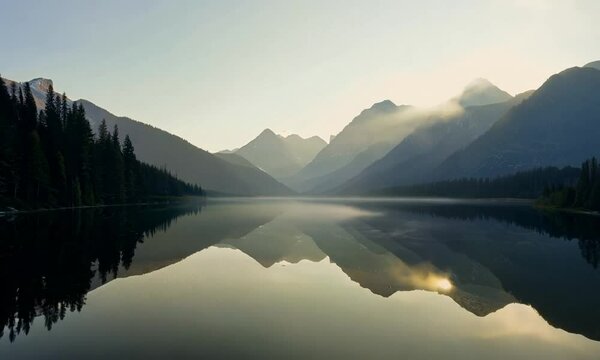 Wide Shot of Serene Mountain Lake at Dawn