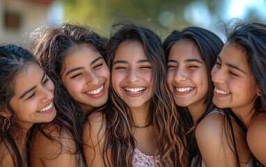 Fototapeta premium Group of laughing hispanic young women having fun together. 
