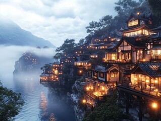 Obraz premium Eerie cliffside village decorated for Halloween mist rolling in from the sea