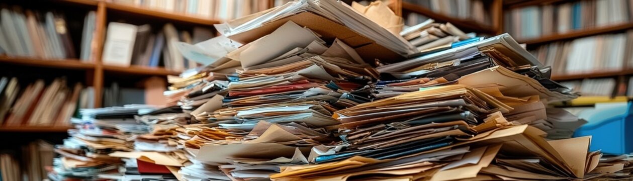 A chaotic stack of office documents, creating a visual of clutter and disarray in a busy work environment.