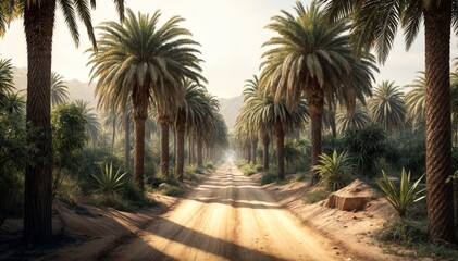 Obraz premium A peaceful dirt road lined with towering palm trees under soft sunlight, creating a tranquil tropical landscape scene..