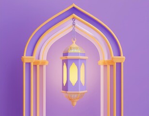 A glowing lantern hangs from an ornate archway, 3D illustration