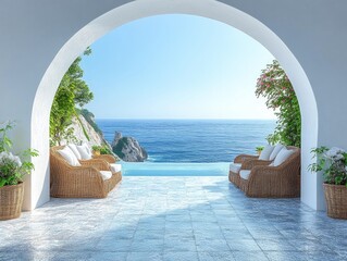 Fototapeta premium Serene Mediterranean Patio with Ocean View, Wicker Chairs, and Scenic Coastal Cliffs under Clear Blue Skies. Relaxing Outdoor Living Space with Natural Elements and Coastal Charm
