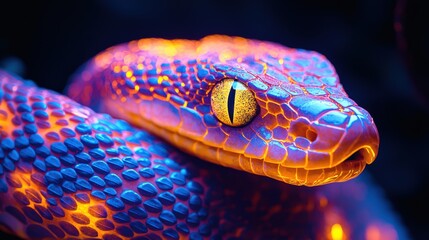 Fototapeta premium Closeup of a snake with luminous, glowing scales, highlighting intricate patterns and vibrant illumination.
