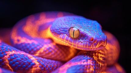 Closeup of a snake with luminous, glowing scales, highlighting intricate patterns and vibrant illumination.