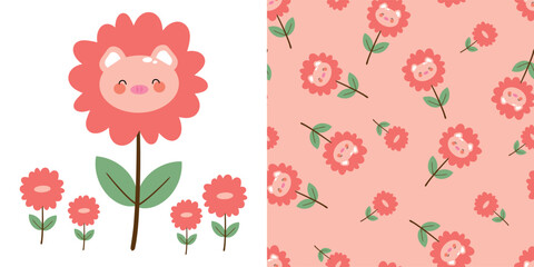 Card and pattern of cartoon pink pigs and flowers. cute wallpaper and cards for fabric prints, gift wrapping paper