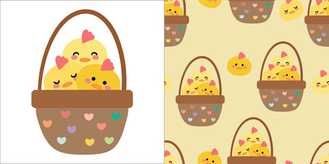 Card and pattern of cute cartoon chicks in a basket. cute cartoons and wallpapers for fabric prints, gift wrapping paper