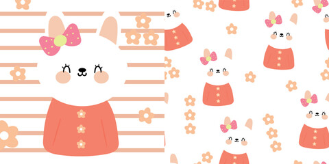 Card and pattern of white rabbit wearing ribbon. cute cartoons and wallpapers for fabric prints, gift wrapping paper