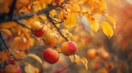 Ripe apples hanging from a tree branch with golden autumn leaves, capturing the essence of the harvest season..