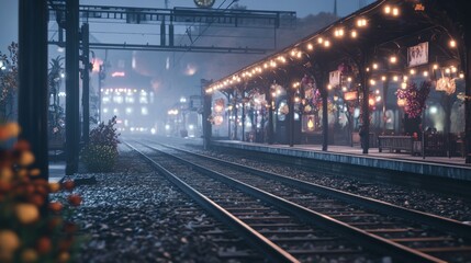 Obraz premium Eerie Halloween festival at an old train station glowing lights on the tracks