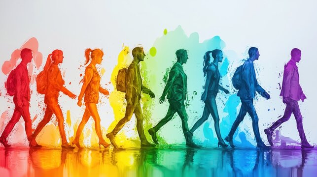Diverse People of all colors, walking together, inclusive business mindset values dignity and respect for all individuals	

