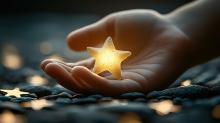 A luminous star being gently held in a hand, surrounded by shimmering decorations, evoking a sense of wonder and celebration.
