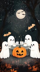 A group of cheerful ghosts enjoys a whimsical tea party with tiny cups, a pumpkin centerpiece, and playful bats fluttering above