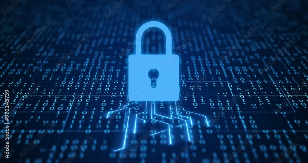 Aufkleber Cybersecurity, digital lock and motherboard for data protection with coding, programming or processing. CPU, information technology and cloud computing server for hardware blockchain encryption.