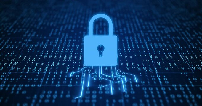Cybersecurity, digital lock and motherboard for data protection with coding, programming or processing. CPU, information technology and cloud computing server for hardware blockchain encryption.