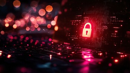 Digital security scene with a glowing, vibrant lock graphic, illustrating strong defense mechanisms and modern cybersecurity solutions.