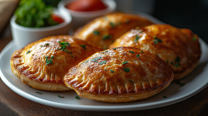 Close-up of golden brown baked empanadas on a white plate, delicious savory pastries with garnish, traditional Latin cuisine, comfort food, flaky pastry, food photography