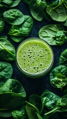 Obraz premium Green spinach smoothie surrounded by fresh leaves, top view. Health and wellness concept